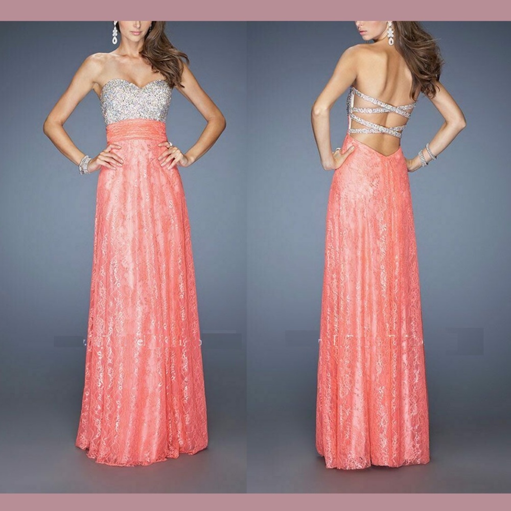 NEW La Femme [ 6‎ ] Embellished Jeweled Strapless Lace Gown in Hot Coral